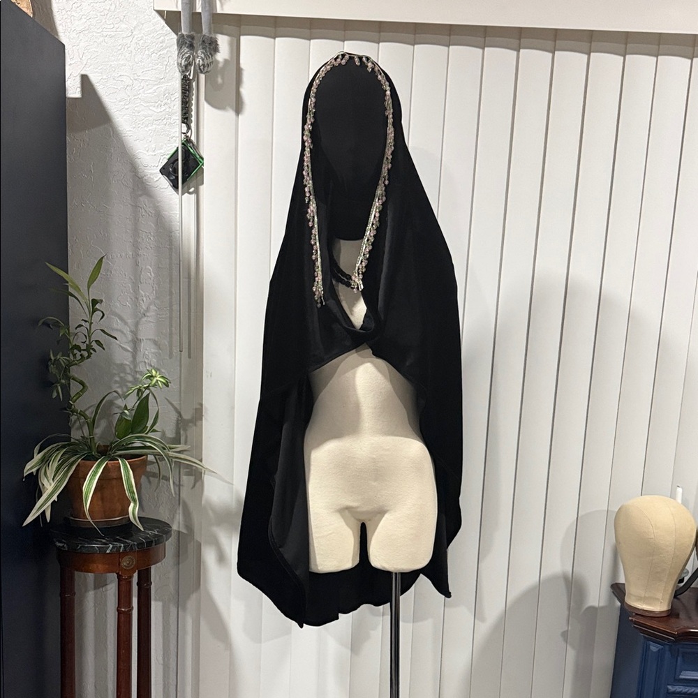 Black Hooded Cape with Embroidered Trim